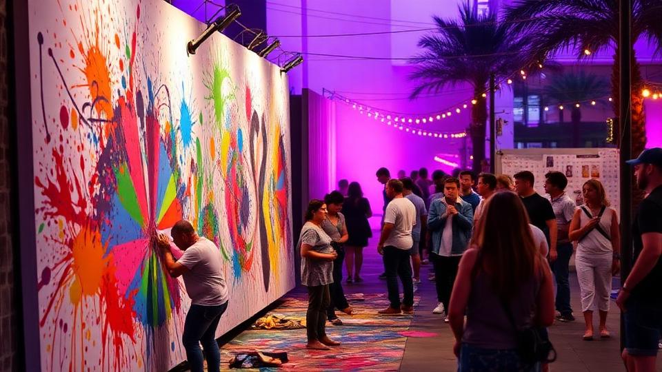 Artists creating colorful murals at a street festival with purple lighting