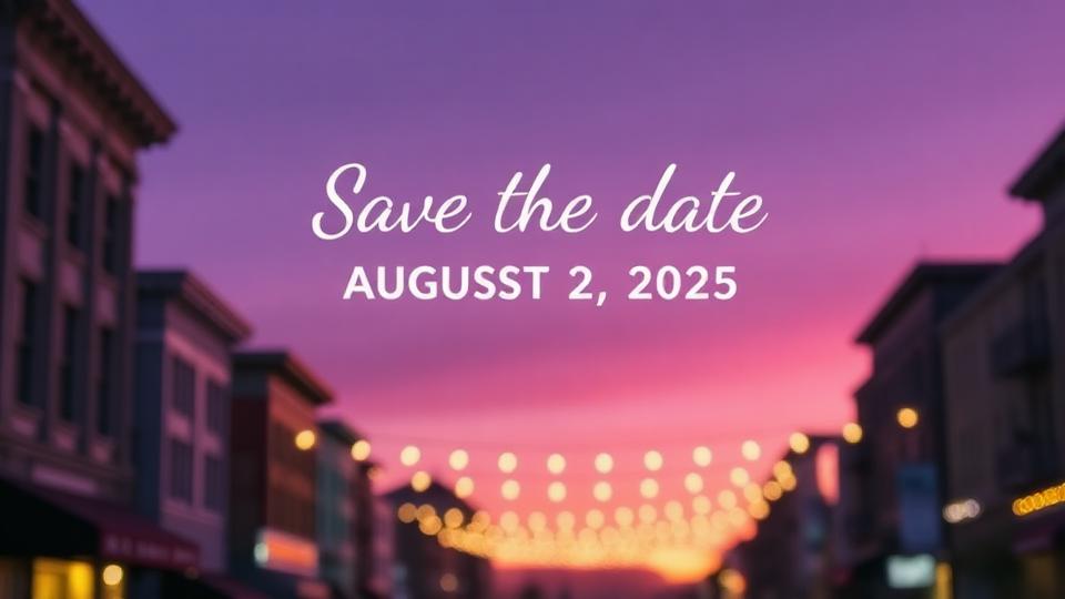 Save the date announcement with purple twilight sky over a street with string lights