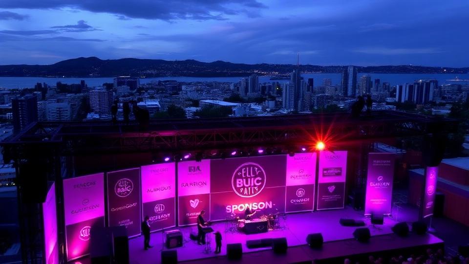 Festival sponsor stage with branded banners and purple ambient lighting