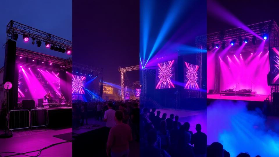 Four music stages with different colored lighting in purple, pink, and blue