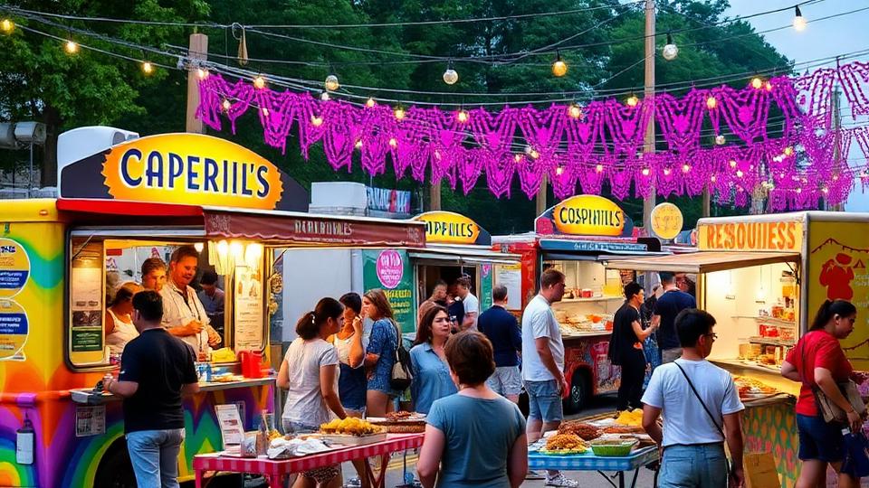 Colorful food trucks and vendor stalls at an outdoor festival with string lights