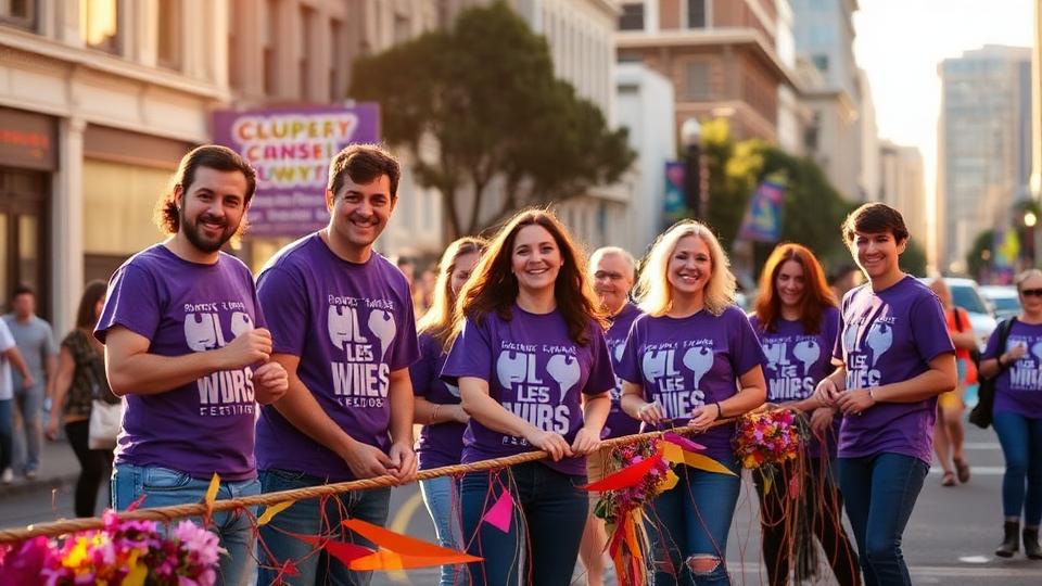 Diverse group of smiling volunteers in purple t-shirts on a city street